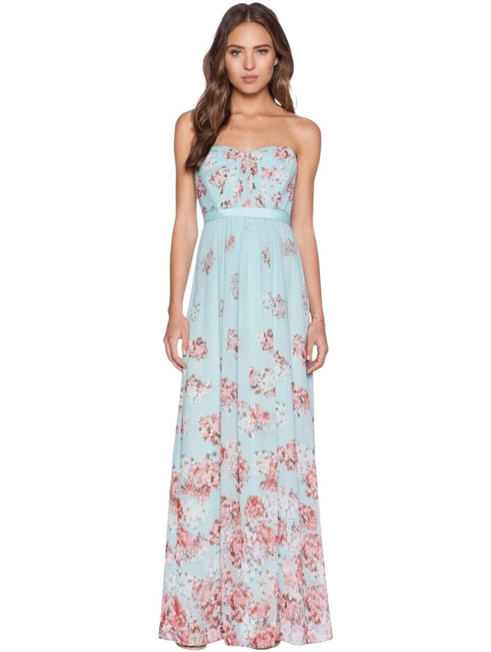 BCBG‎ MaxAzaria "Amber" Aqua Mist Strapless Floral Chiffon Maxi Dress Size 10